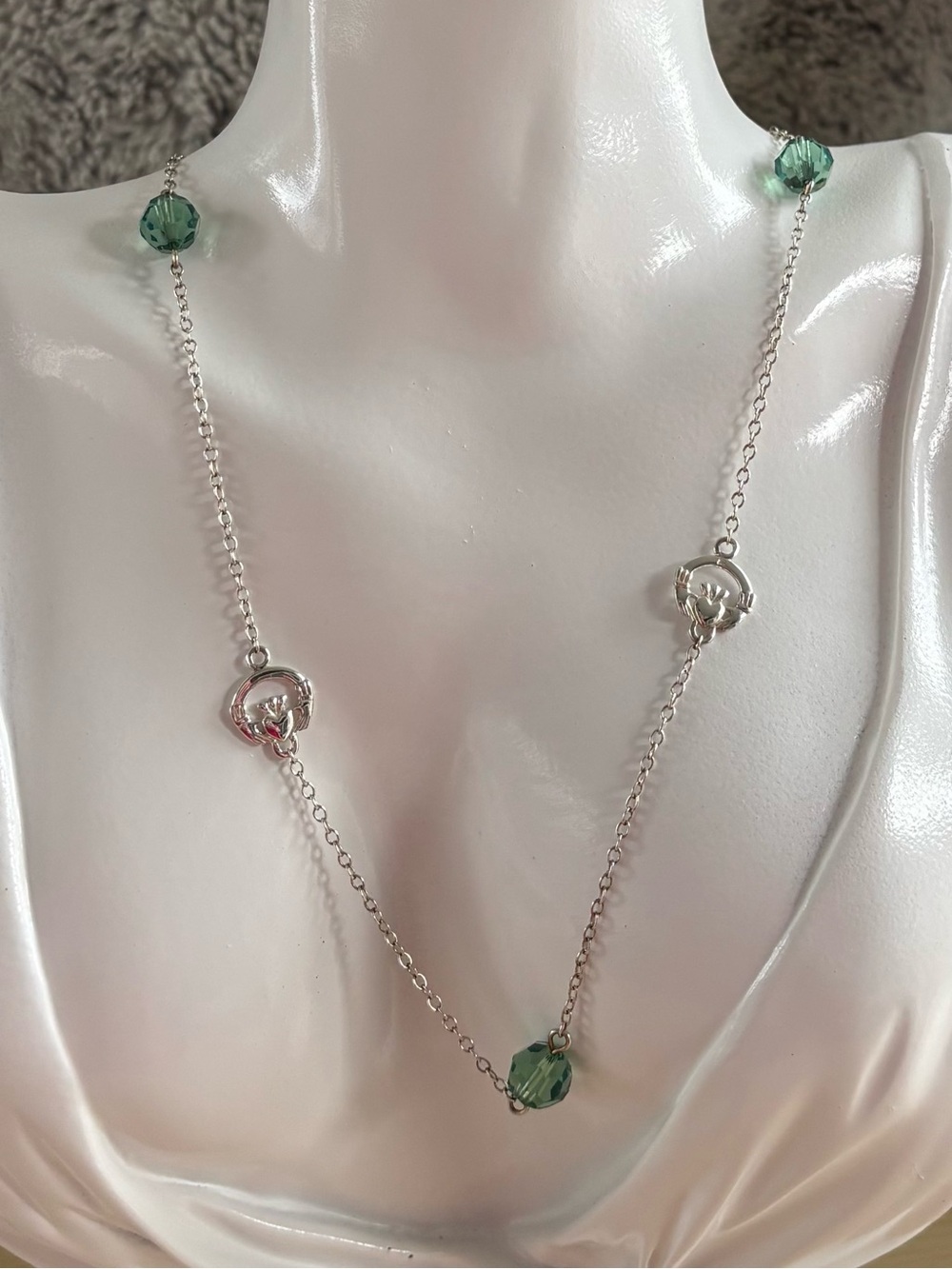 Emerald Green Crystal Claddagh Sterling Silver Necklace